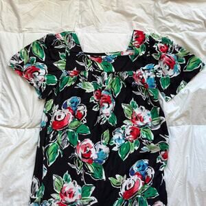 Vintage black floral print maxi dress sz XL tiered ruffle resort cottagecore